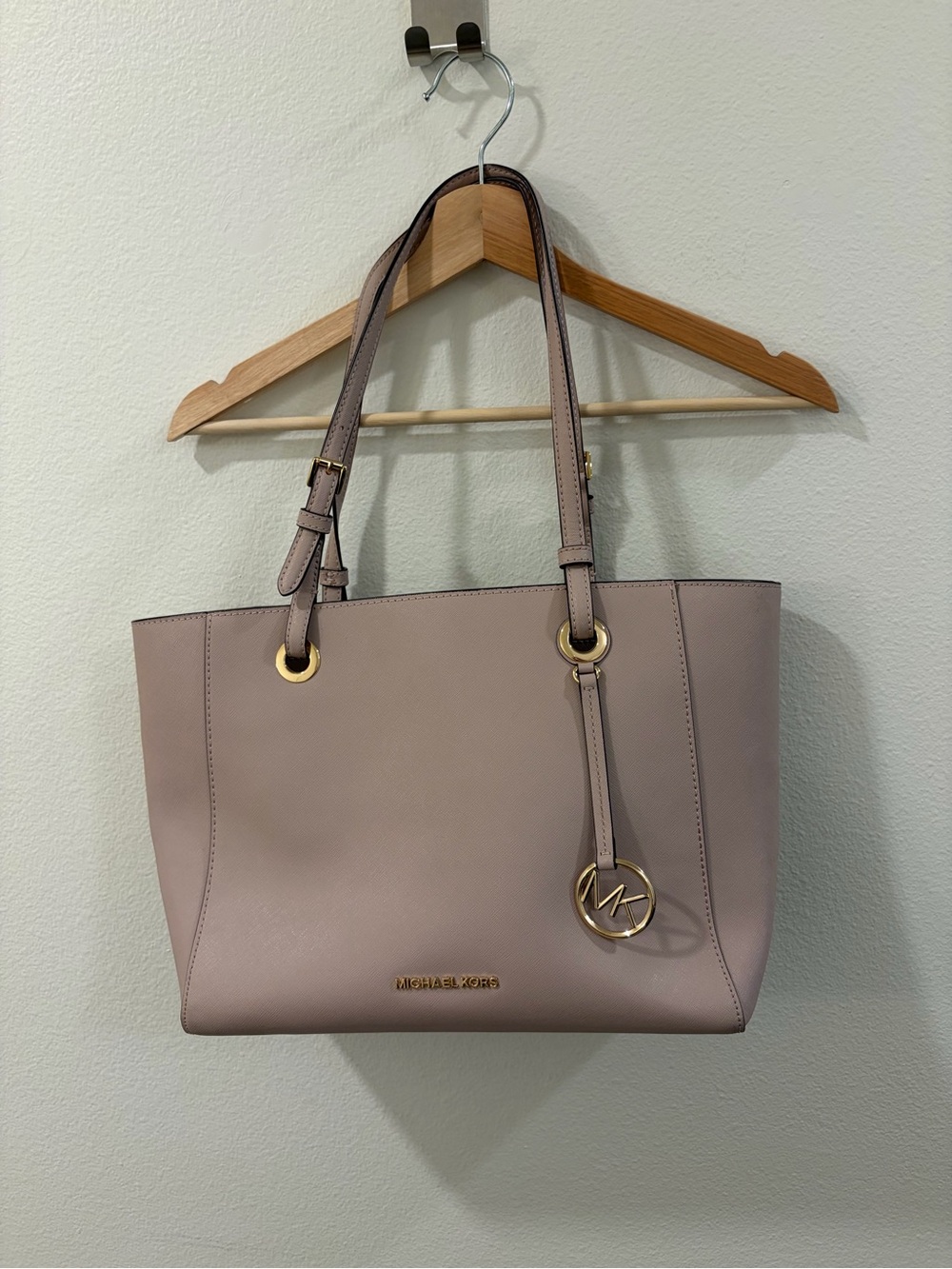 Michael Kors Taupe-Pink Leather Tote with Gold Hardware